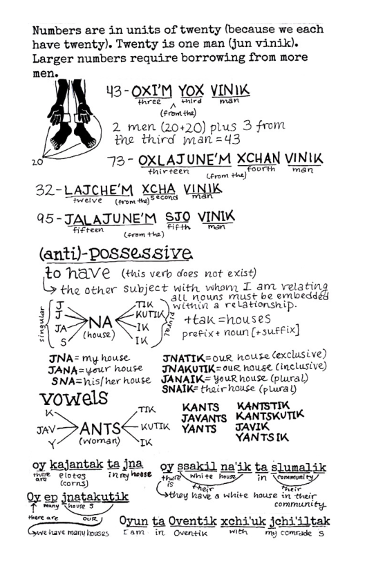 Numbers are in units of twenty (because we each have twenty). Twenty is one man (jun vinik). Larger numbers require borrowing from more  men.  43-0XI’M YOX VINlK  Pree ,, wird  o) 2 men (20420) plus 3 from the third man=43 XCHAN VI S 7o oxATuNEM e il  32-LAJCHE’M )gg_ﬁA VINIK  TRwerve (o i)  A5-JALATUNE’™M §,‘_8 VI"l:ﬂK  FEE T feram v  (anti)-POSSeS iV 10 NAVEe (this verb does not exist)  other Subject with whom I anm velating L Hm the J alL nouns must be embedd,  5 K Wl«mn a relationship.  H < VAR +eak =houses  § Hn«:z) £ prefix+ noun(,;umx] INA my house TNATIK=0uR heuse (exclusive)  TANA- s house  INAKUTIKS0UR hause (inclusive) SNA=is/her house  JANAIK= YouR house (plural) SNATK= thair house (,;u.;ra()  vowe.ls s ANTSE Wik VAN e  JA\I K VANTS JAVI! (woman) YANTSIK  oy ka, mtak XE ornd e i \‘?..—«}/  % ep jnatakutik y have o whive house in ,M,,%  g Rgevie 3  ?"ﬁ) Oyun ta Oventik xchi’uk jchi’iltak webavemanypases  TAM in Ovensik | Wth g commde S  